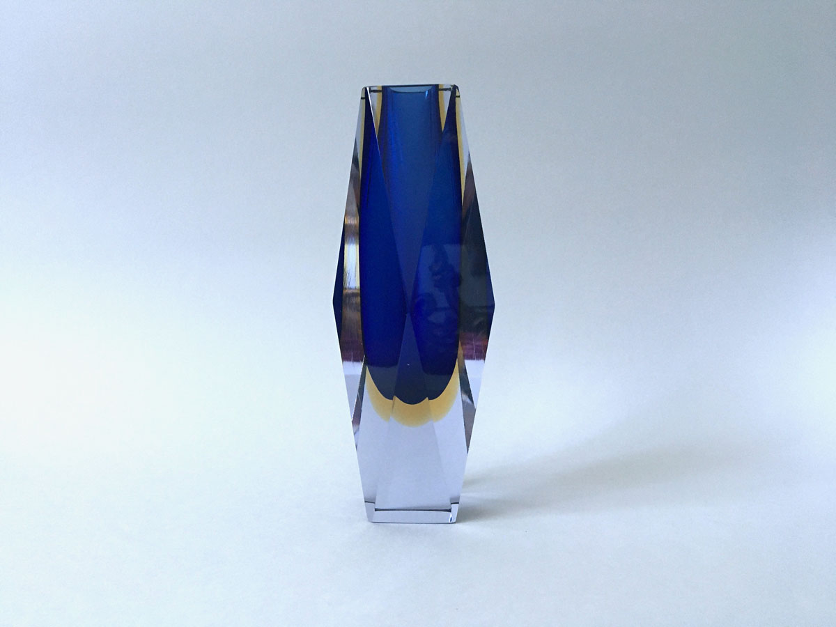 MANDRUZZATO - Murano Vase, Sommerso Blau/Gelb, MidCentury-Design