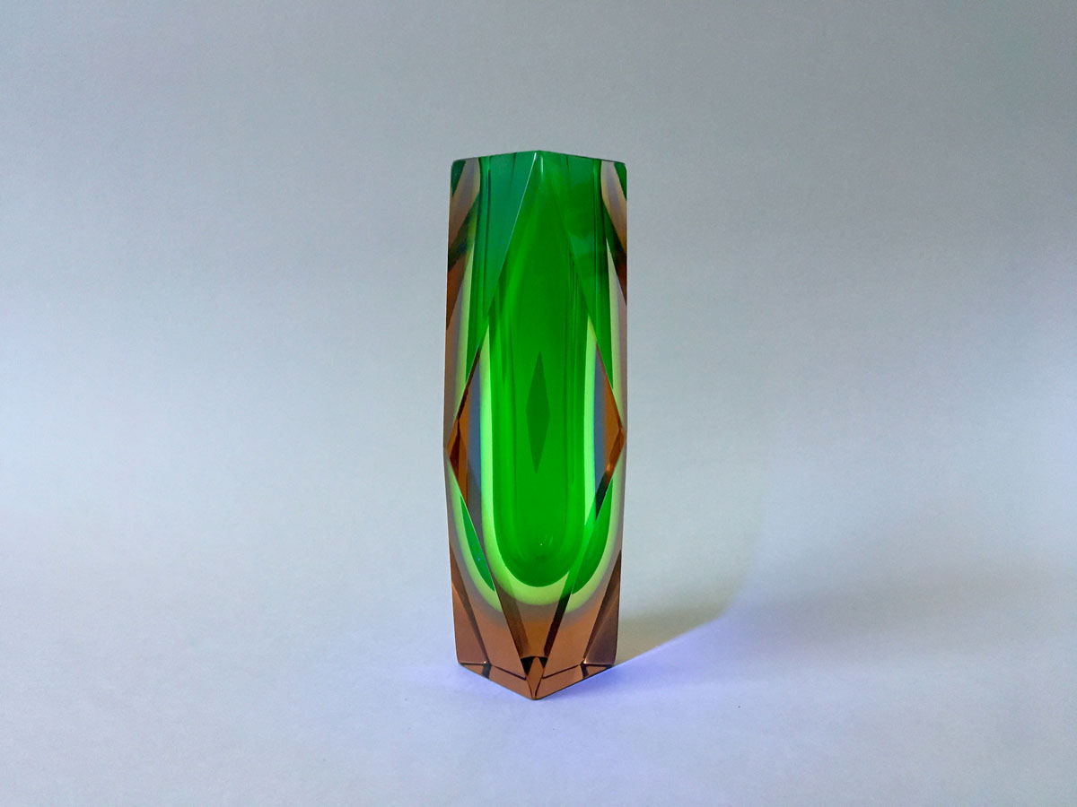 MANDRUZZATO - Murano Uranglas Vase, Grün/Gelb, Sommerso, MidCentury-Design, EsagonaleMANDRUZZATO - Murano Uranglas Vase, Grün/Gelb, Sommerso, MidCentury-Design, Esagonale