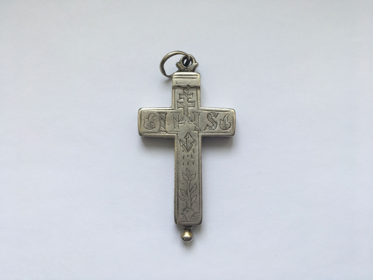 Professkreuz, 13 Lot Silber, IHS Christusmonogramm